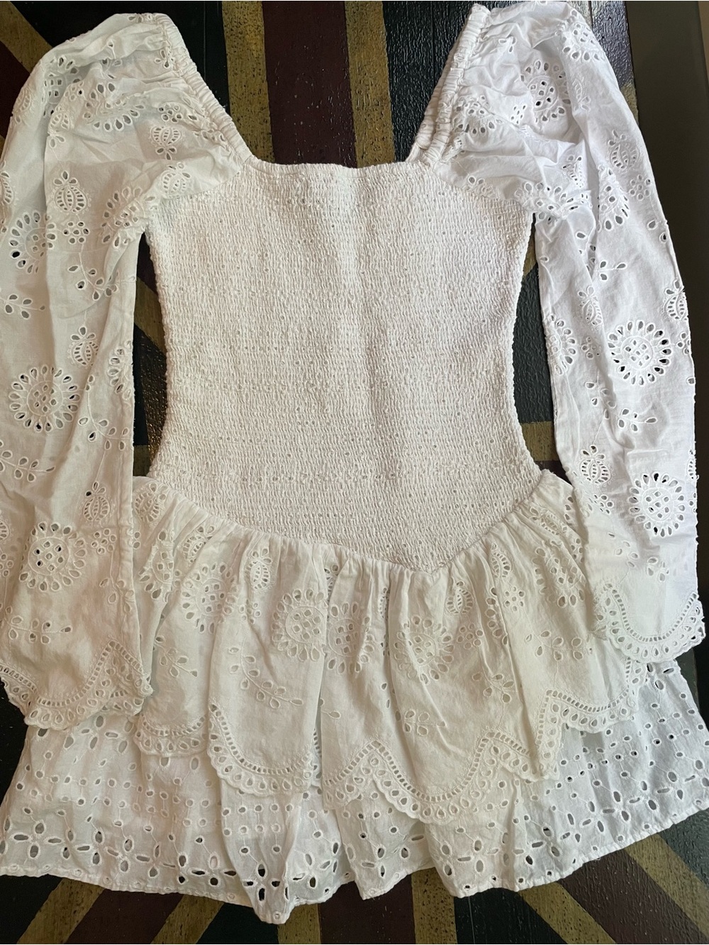 LoveShackFancy White Eyelet Smocked Mini Dress with Puff Sleeves